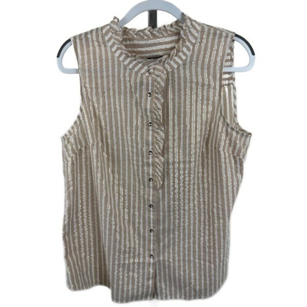 Talbots Ruffle‎ Blouse Women's Size Large Sleeveless Striped Metallic Button Top